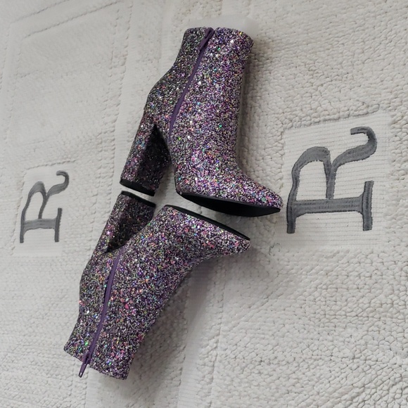 ALLEGRA K GLITTER POINTED TOE CHUNKY HEEL PURPLE ANKLE BOOTS - Picture 3 of 12